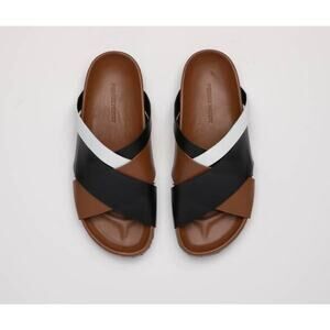 Pierre Hardy Alpha Cross Flat Sandal in Calf Camel Black White 37